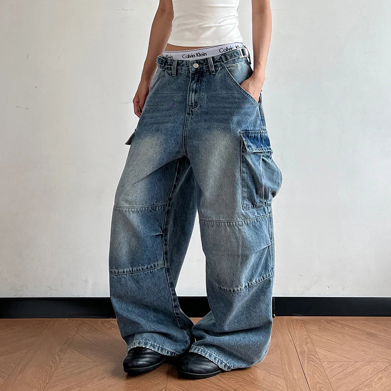 Y2K Jeans Men Women Retro Baggy Wide-leg Cargo Denim Pants Fashion Streetwear Multi-pocket Personality Splicing Loose Trousers