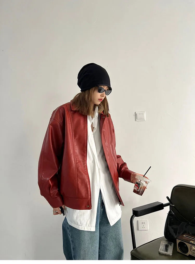 Punk Vintage Red Leather Jacket Women Streetwear Moto Biker Zipper Leather Jacket Female Winter High Street Chic Leather Coat