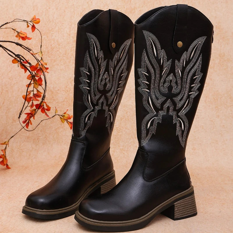 Retro Embroidery Knee‑high Western Cowboy Style Boots Women Chunky Heel Comfortable Spring Autumn Large Size Back Zip Daily Wear
