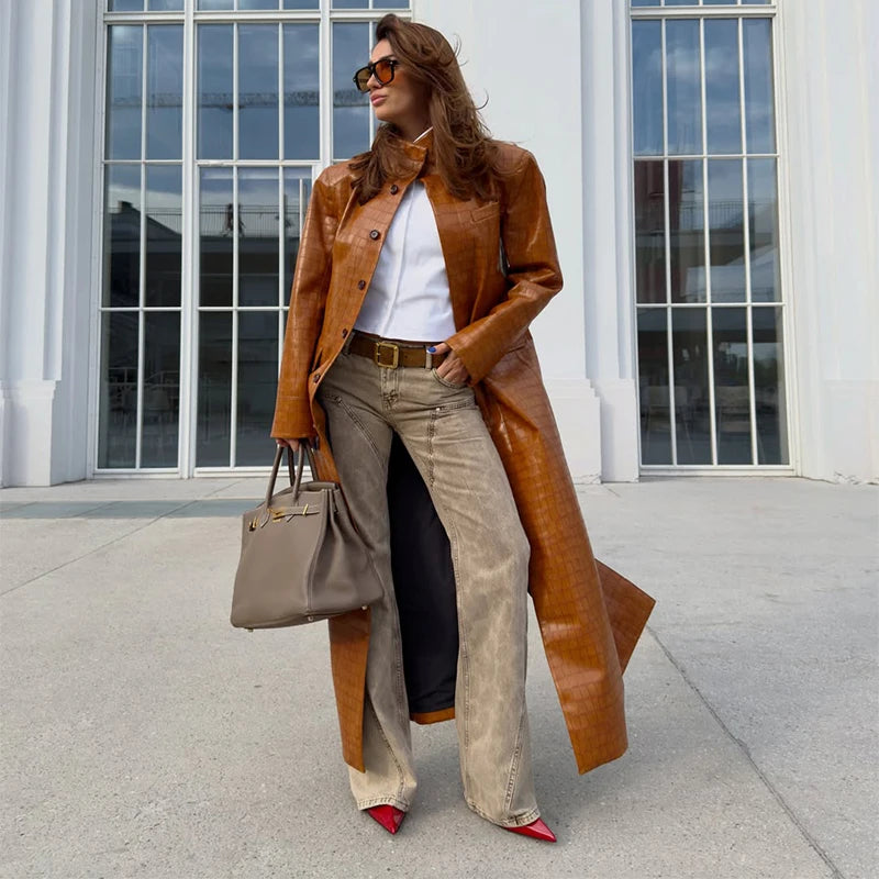 Fashion Croc Pattern PU Leather Women's Jacket Stand Collar Oversize Long Sleeve Chic Coat  2026 Autumn Winter New Daily Wear
