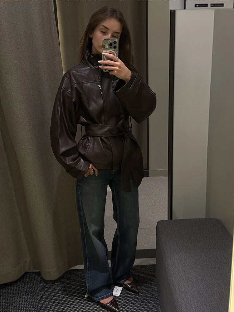 Faux Leather Jacket Stand Collar Winderbreaker Woman Waist Tie Belt Coat Long Sleeve Loose PU Leather Coat Street Wear Clothes