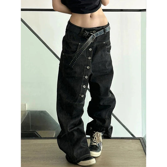 Personalized Jeans American High Street Curved Long Button Scimitar Women's Jeans Summer Loose Wide-Leg Pants Trendy  Trousers