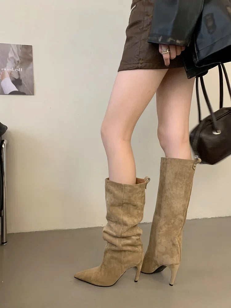 Aneikeh Fashion Winter Pointed Toe Knee-High Women Boots Thin Heels Shoes Female Punk Long Booties Zapatos De Muje