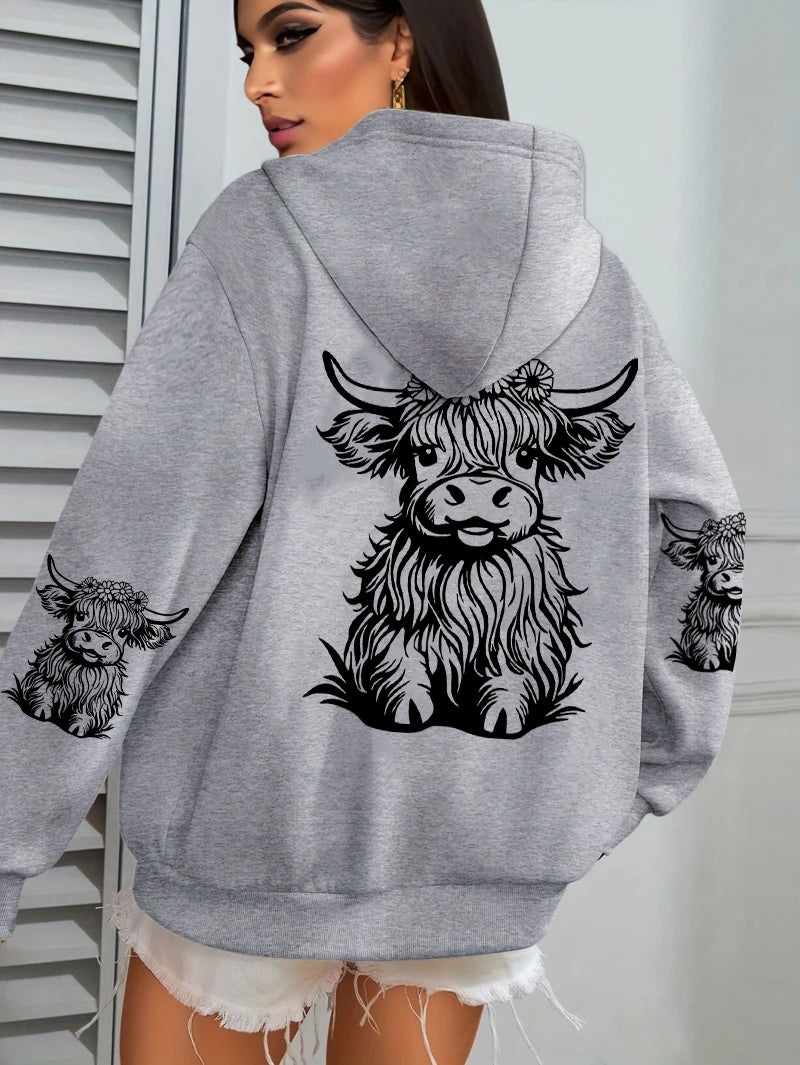 Cute Hair Cow Cartoon Printing Hoodies Womens Fleece Autumn Streetwear Comfortable Casual Hoodie Y2K Pocket All-Match Hoody