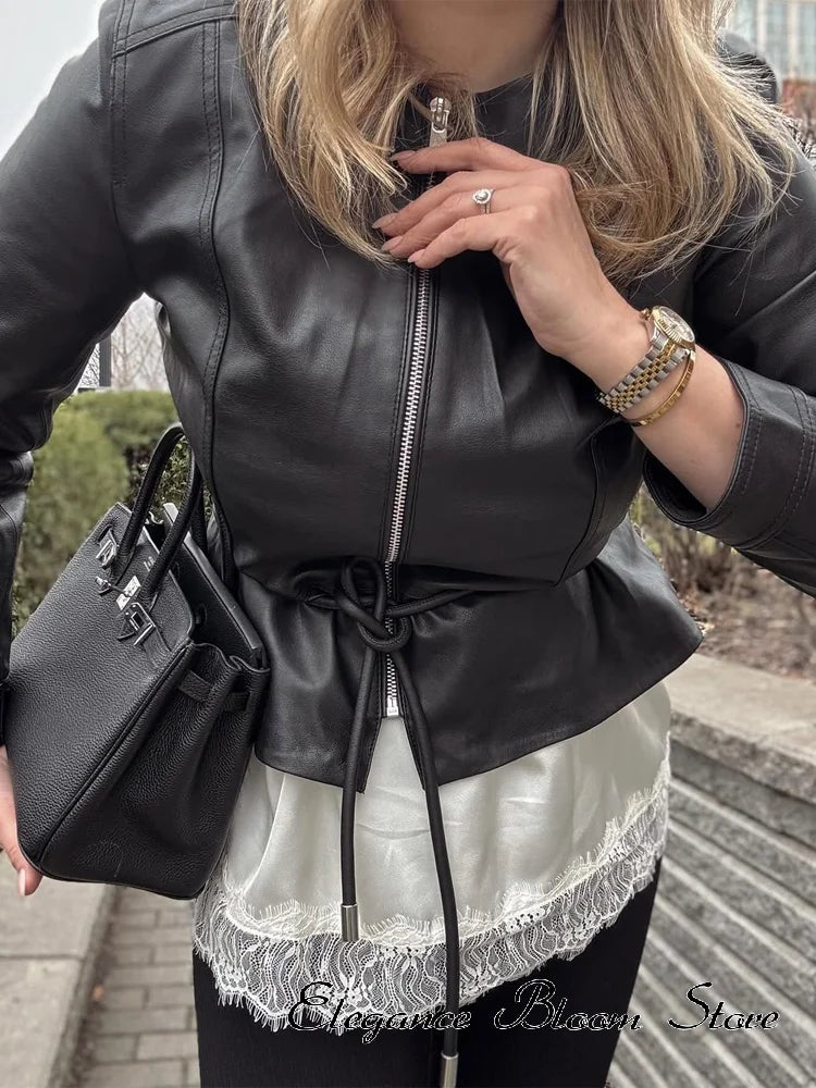 Women's Faux Leather Jacket Black Zip Front Drawstring Peplum Hem Slim Elegant Outerwear Fashion Daily Street Casual Short Coat