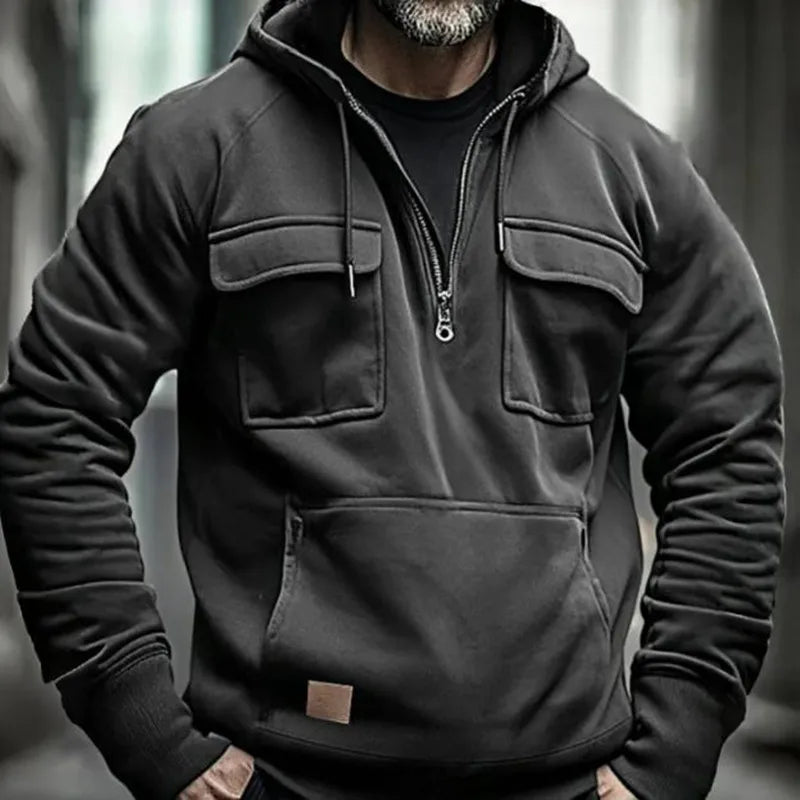 Autumn Winter Hoodies Men half-zip Patchwork Warm Fleece Sweatshirts Multi Pockets Male Fashion casual pullover Outdoor Hoodie