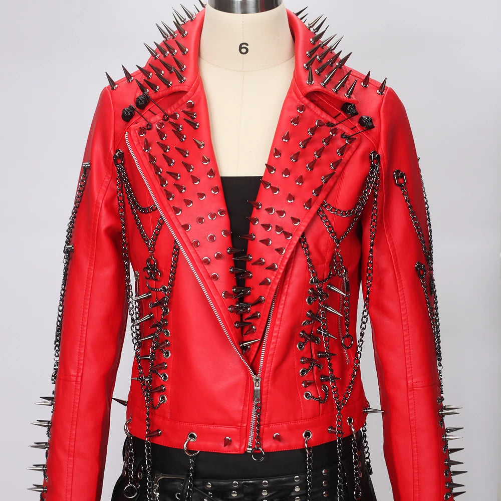 Women's Red PU Leather Gothic Punk Biker Jacket with Spikes Vintage Studded Y2K Rocker Grunge Spiked Coat Emo Alt Goth Clothing