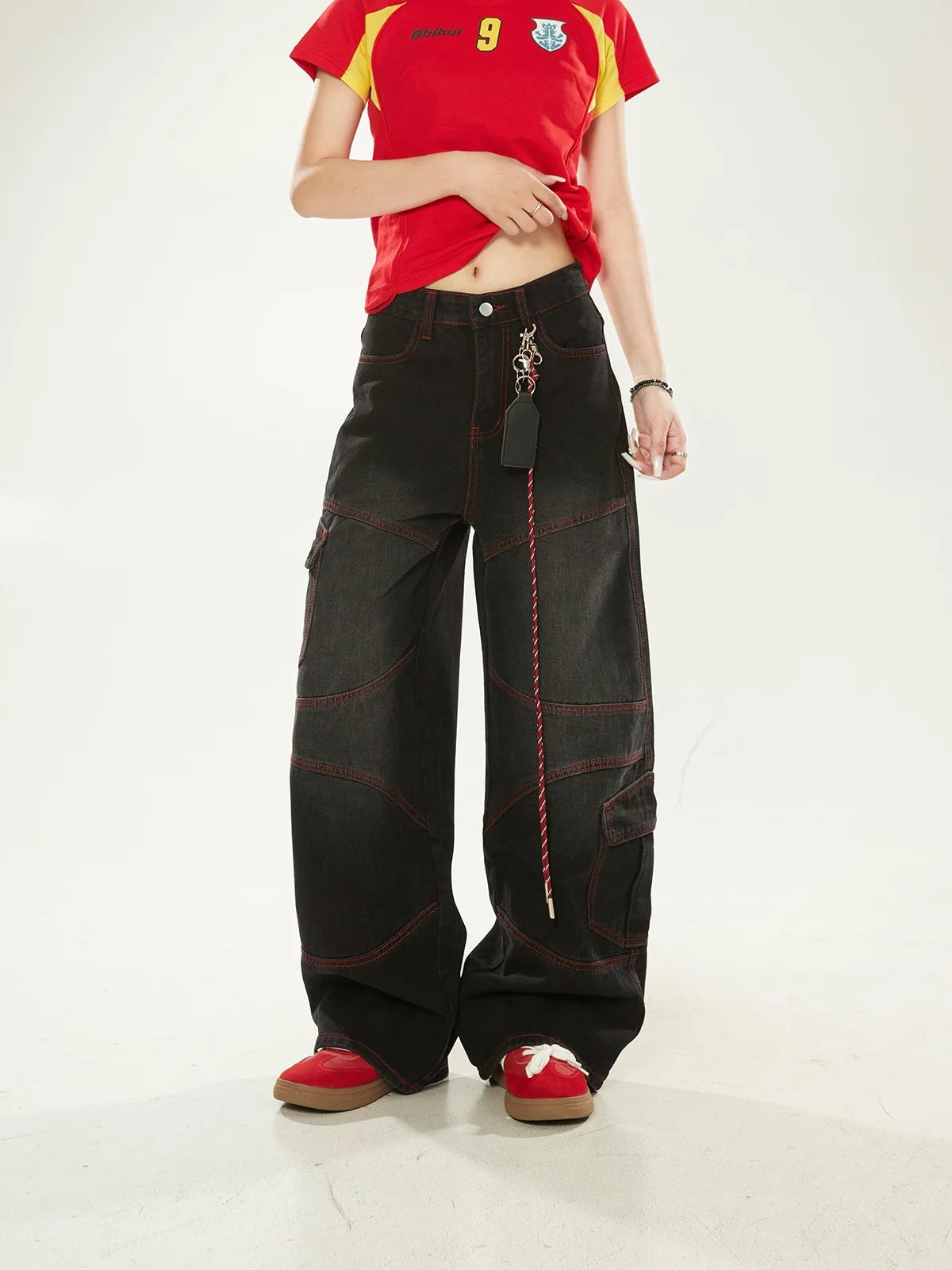 Washed Vintage American High Street Loose Women's Jeans with Patchwork And Stitching Design Casual Wide Leg Workwear Trousers