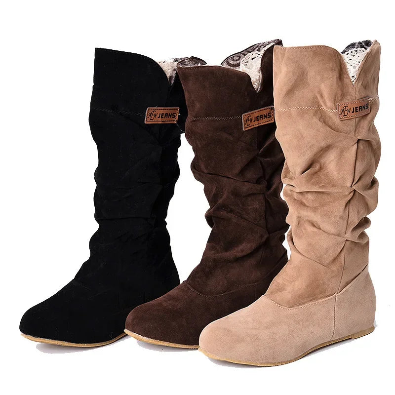 2024 New Mid-tube Snow Boots Hollow Cotton Thread Hook Lace Frosted Lady Boots Large Size Women's Shoes