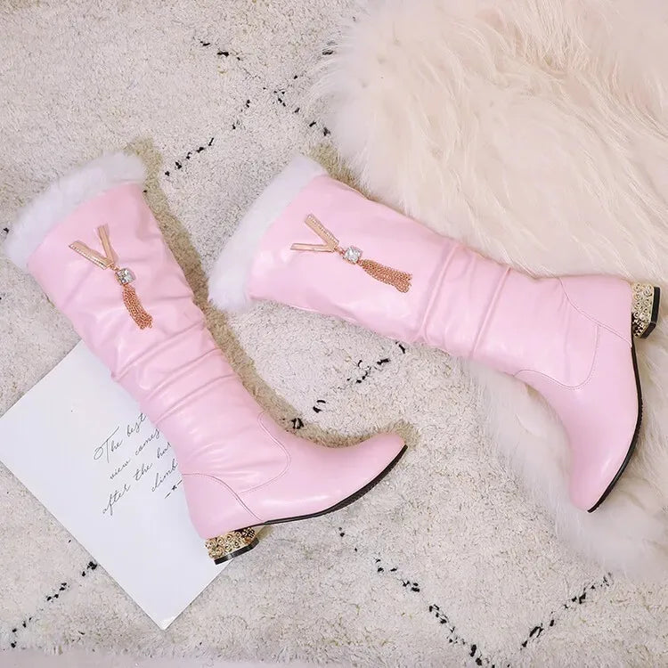Winter Warm Knee High Boots Women Platform Wedges High Heels Snow Boots Slip on Winter Ladies Shoes White Black Pink 2025
