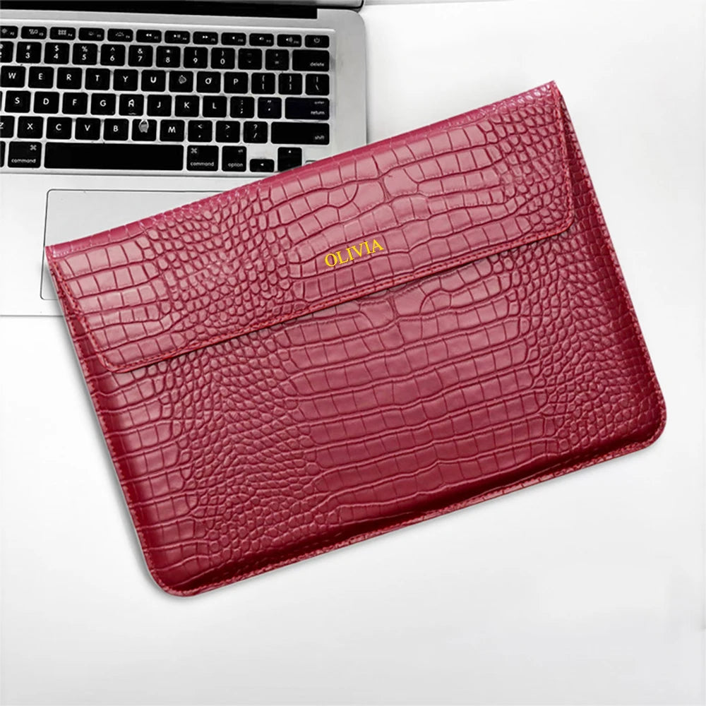 Engrave Name Crocodile Pattern Laptop Sleeve Bag Leather Luxury Waterproof Laptop Bag Fashion Notebook Computer Storage Bags