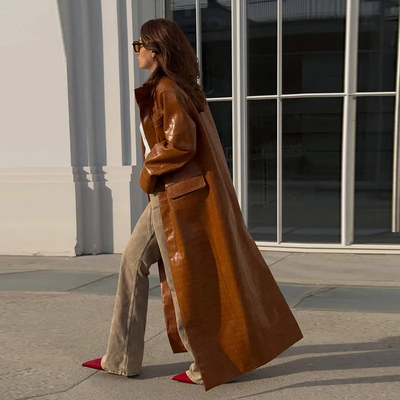 Fashion Croc Pattern PU Leather Women's Jacket Stand Collar Oversize Long Sleeve Chic Coat  2026 Autumn Winter New Daily Wear