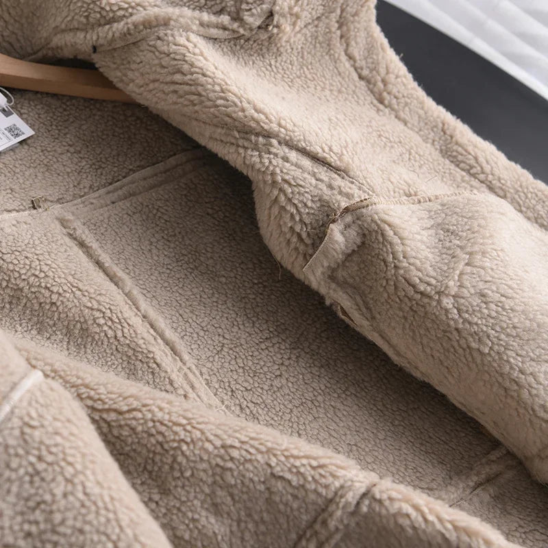 Winter Women Thick Warm Suede Lamb Jacket Short Motorcycle Brown Coats Faux Shearling Sheepskin Leather Jackets Outwear