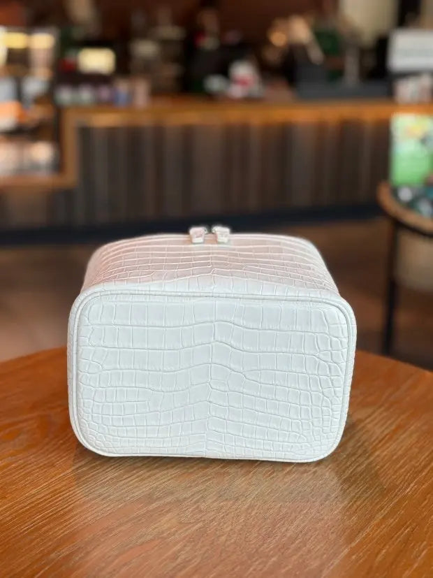 Firstgrain Cowhide Himalayan Crocodile Pattern Vanity Case Genuine Leather Square Portable Large-Capacity Hand-Held Cosmetic Bag