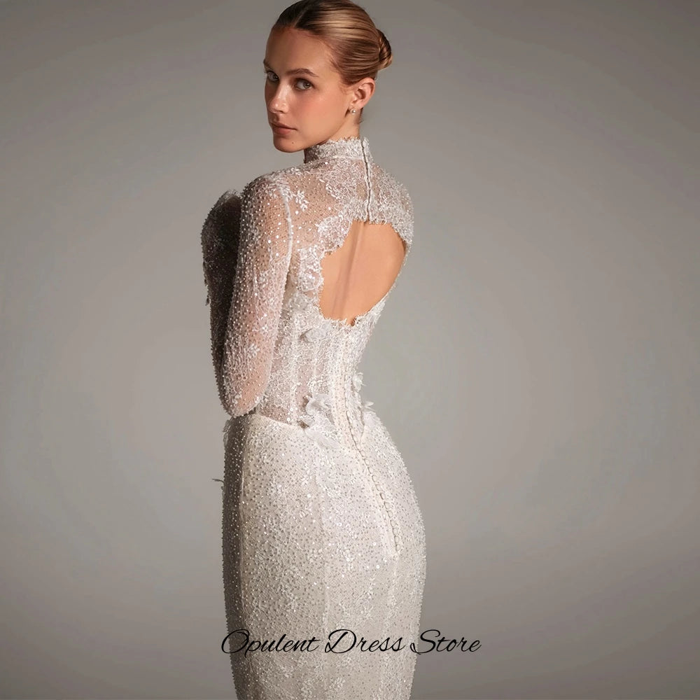 Luxury Appliques Lace Customized Vestido De Novia Classic Long Sleeves High Collar Wedding Dress Mermaid Backless Bridal Gowns