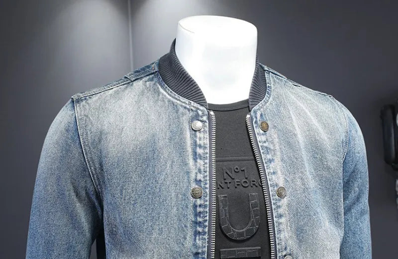 Mens Denim Bomber Jacket Slim Fit Vintage Moto Biker Short Cargo Coat Male Long Sleeve High Street Stand Collar Pilot Jackets