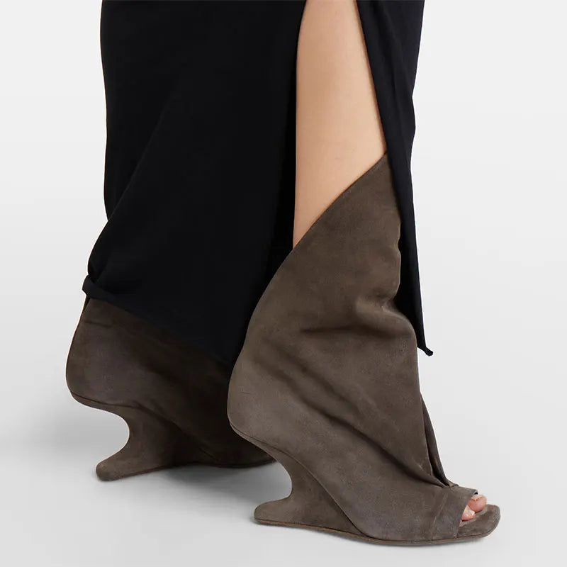 Runway Style Women Peep Toe Tall Boots Sculptural Wedge Heel Draped Pleated Upper Trendy Evening Statement Fashion Footwear