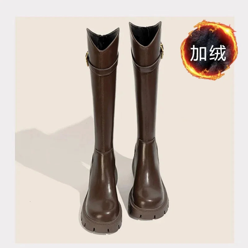 Fur Lining Women Knee High Boots Fashion Knight Long Booties Square High Heels Autumn Winter Warm Short Plush Shoes