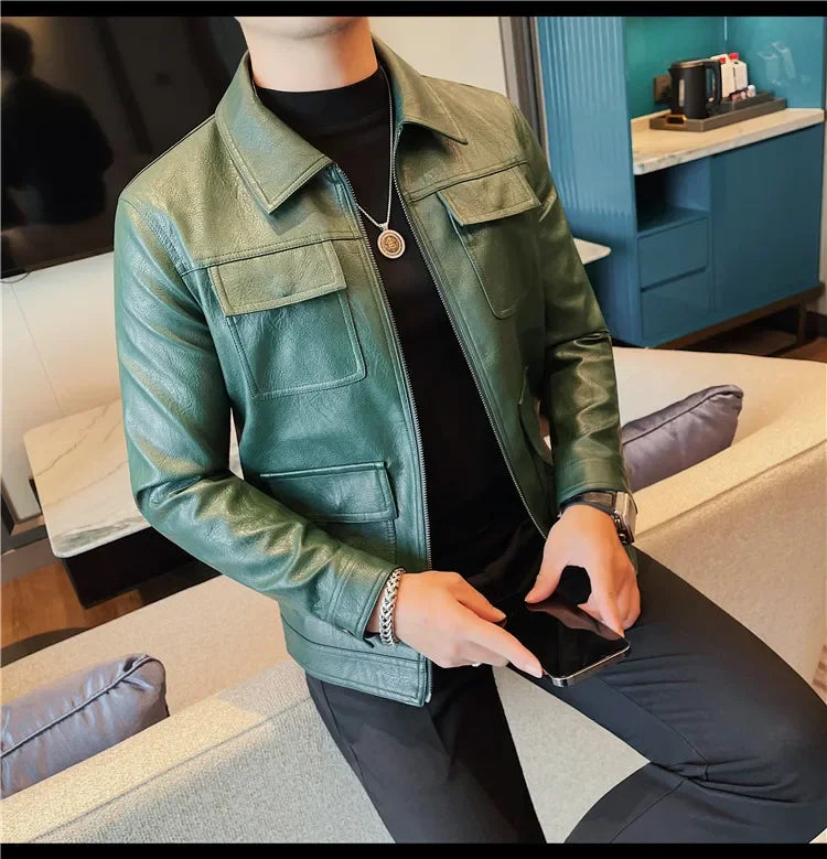 Autumn Winter High Quality Faux Leather Jacket Fashion Multi Pocket Design PU Leather Coats Man Vintage Business Slim Fit Coats