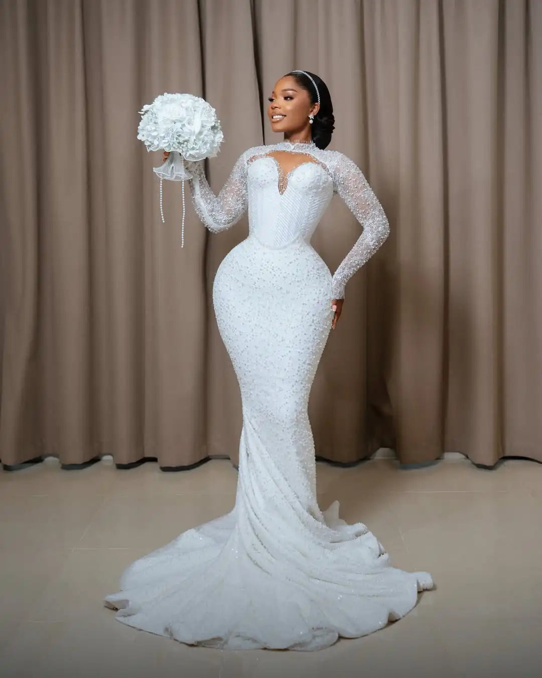 Elegant High Collar Long Sleeve Mermaid Wedding Dress Sparkling Water Diamond Phantom Hollow Bride Dress Customized