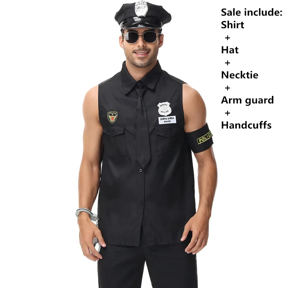 Adult Man America U.S. Police Costume Top Shirt Men Cop Cosplay Halloween Clothing Set