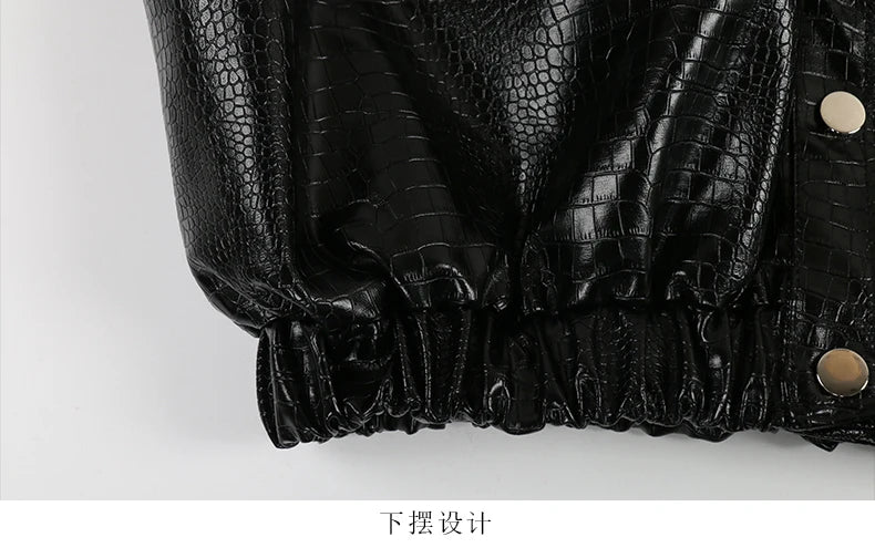 Mauroicardi Spring Autumn Short Black Brown Crocodile Print Faux Leather Jacket Women Stand Collar Button Up Luxury Clothes 2025