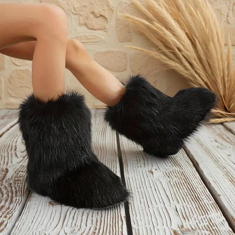 Women's Winter Fluffy Faux Fox Fur Boots Woman Plush Warm Snow Boots Luxury Footwear Girls' Furry Fur Bottes Fashion