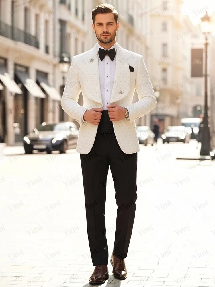 Luxury 2 Pieces Men Suits Shawl Lapel Single Breasted Tuxedo Wedding Outfit Blazer Crystal Prom Suit Jacket+Pants Customized