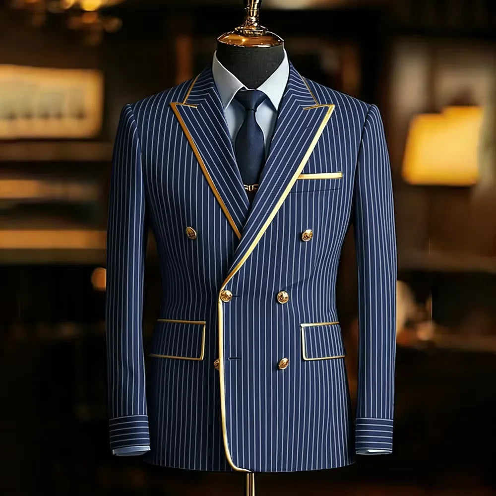 Men's Pinstripe Blazer Double Breasted Slim Fit Peaked Lapel With Gold Trim Formal Suit Jacket  For Groomsman Wedding Prom Hot