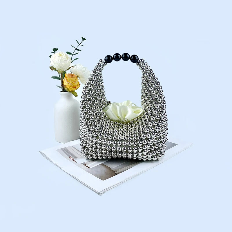 European and American high-end texture handmade silver beaded pillow bag, banquet bag, fashionable and versatile