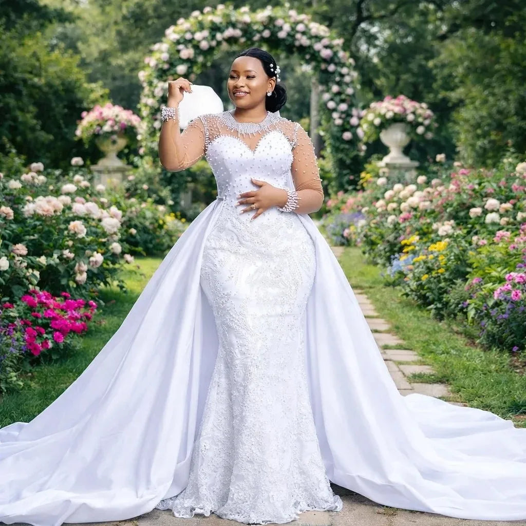 Customized African O Neck Shinny Pearls Beads Mermaid Wedding Dress for Woman Long Sleeves Bridal Gown with Removable Skirt