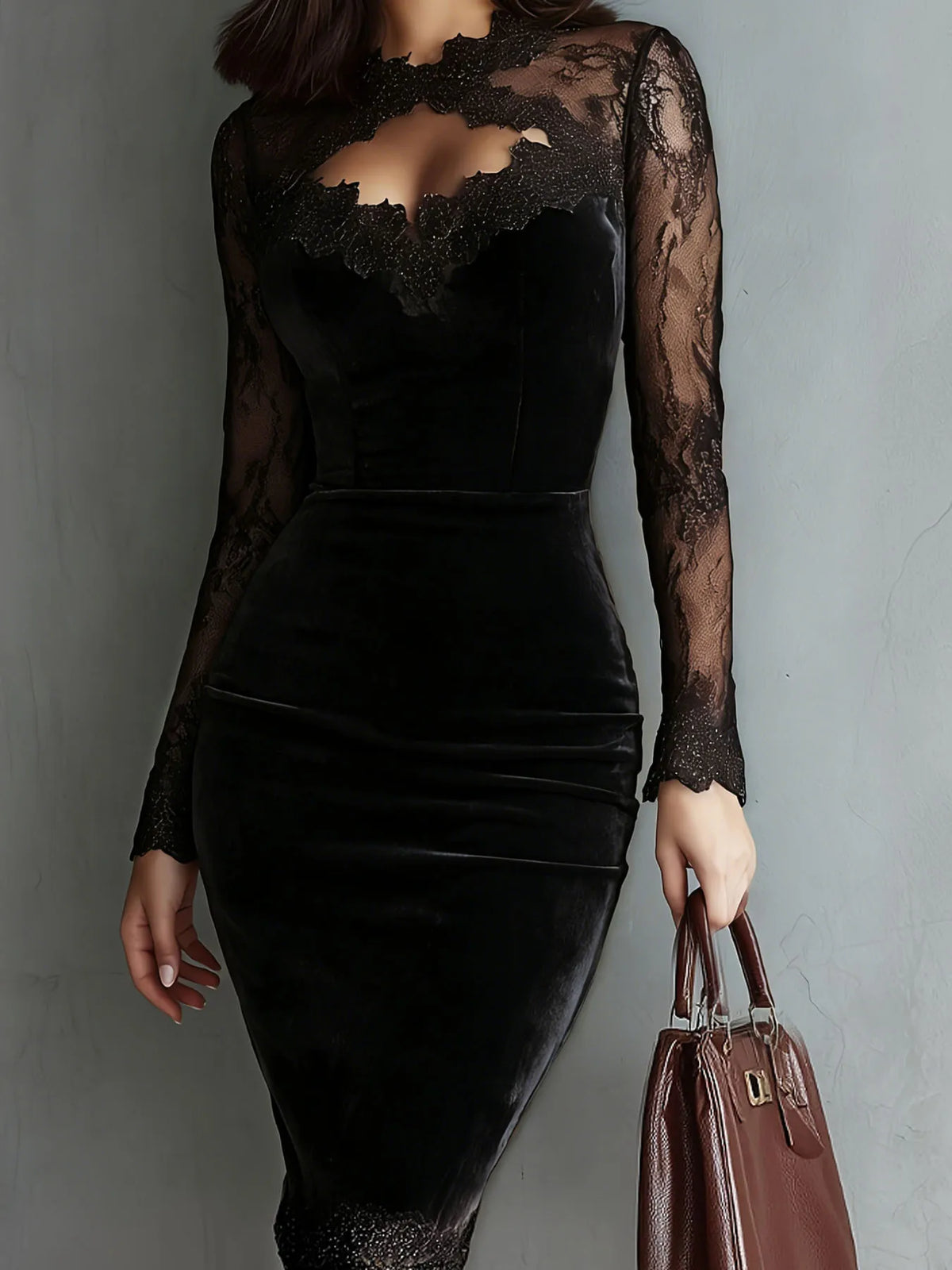 Women Velvet Midi Dress Elegant Lace Long Sleeve Hollow Out Bodycon Dress Autumn Winter New Party Evening Formal Pencil Dresses