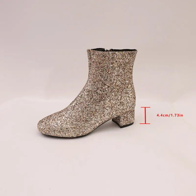 Luxury Sequin Fabric Ankle Boots Women 2026 Autumn Designer Square Toe Side Zip Short Boots Sexy Shiny Medium Heel Party Shoes