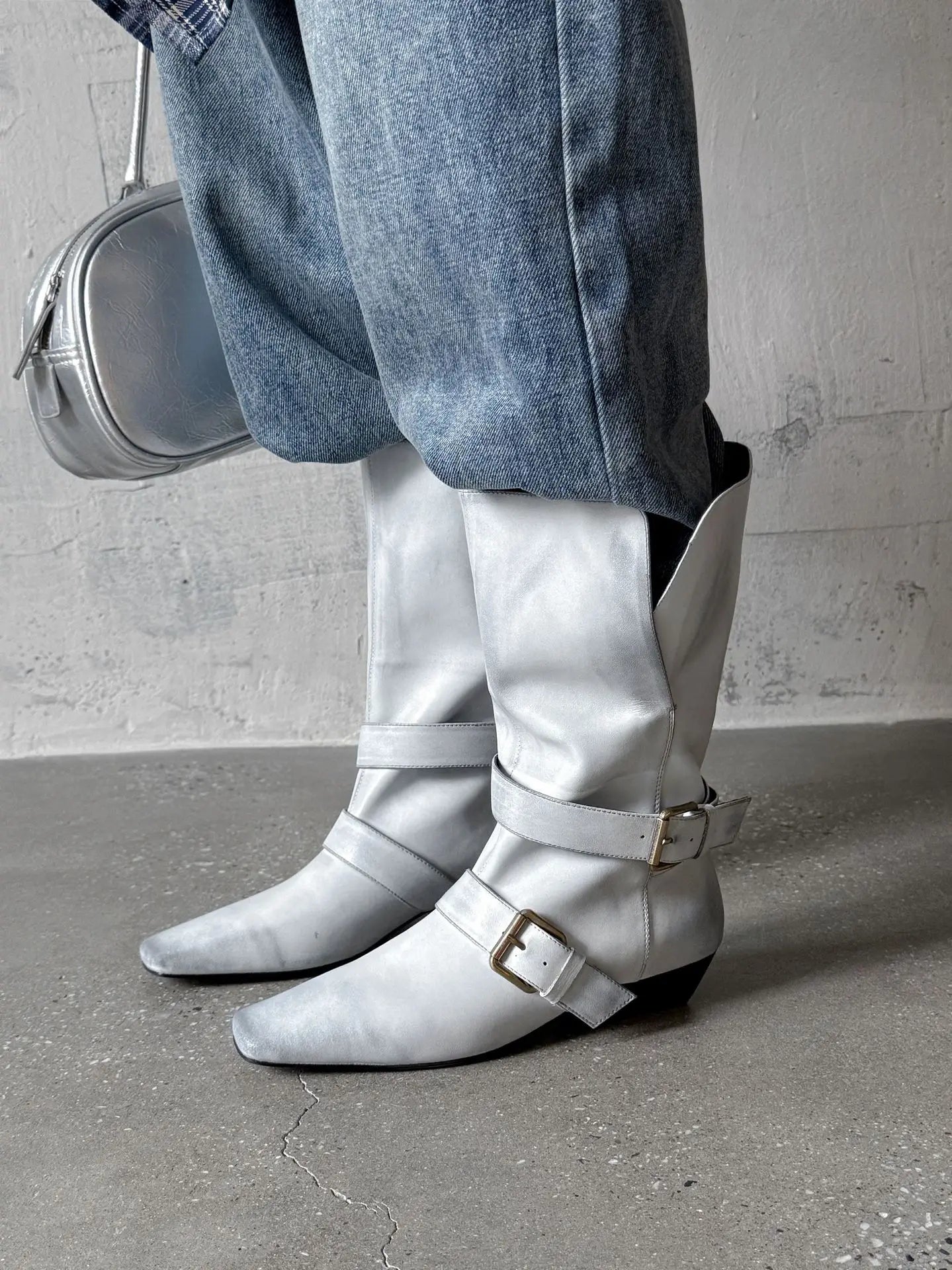 Arden Furtado Autumn Belt buckle cowhide Mid-Calf boots Square toe pull-on Middle heel Modern boots Large size Women's Boots