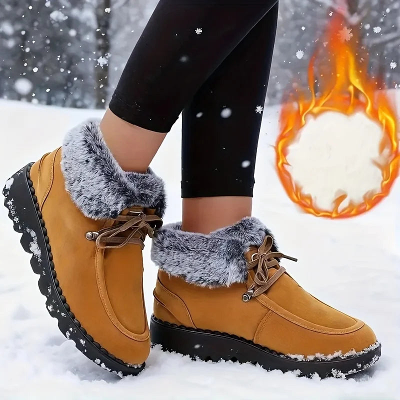 Women Winter Suede Snow Boots Warm Thick Furry Lined Ankle Booties Lace Up Non Slip Lug Sole Waterproof Thermal Shoes for Outdoor Snowfield Walking Cold Weather Daily Casual Wear Black Yellow Navy Three Classic Colors Ladies