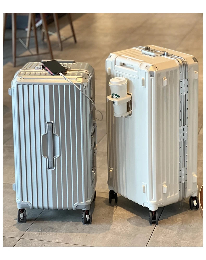Five-wheeled Luggage 34 inch Thicken Aluminum Frame Suitcase USB Cup Holder Large Capacity TSA Lock Trolley Case Brake Wheel 24"