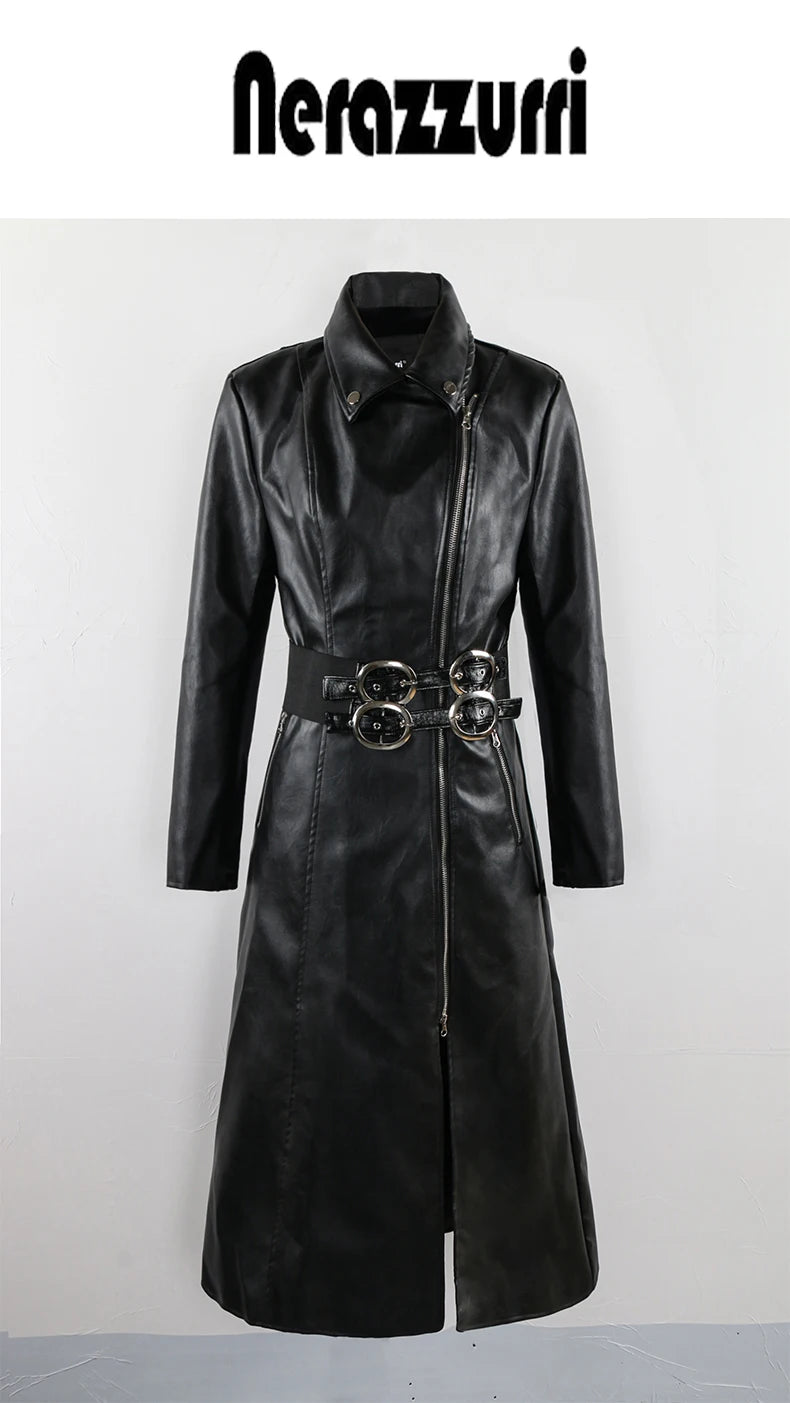 Nerazzurri Spring Autumn Long Black Stretchy Velvet Patchwork Pu Leather Coat Women with Double Belt Luxury Designer Clothes