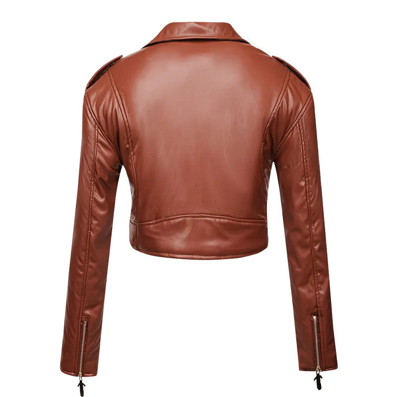 New Women slim short leather jacket plus cotton high waist long sleeve lapel diagonal zipper leather jacket pu motorcycle suit