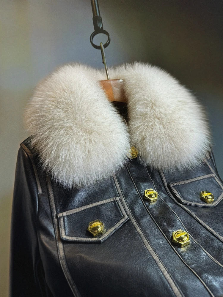 Temperament Black Leather Jacket Women 2026 Winter Real Fox Fur Short High Waist PU Leather Coat Slim-Fitting Coats