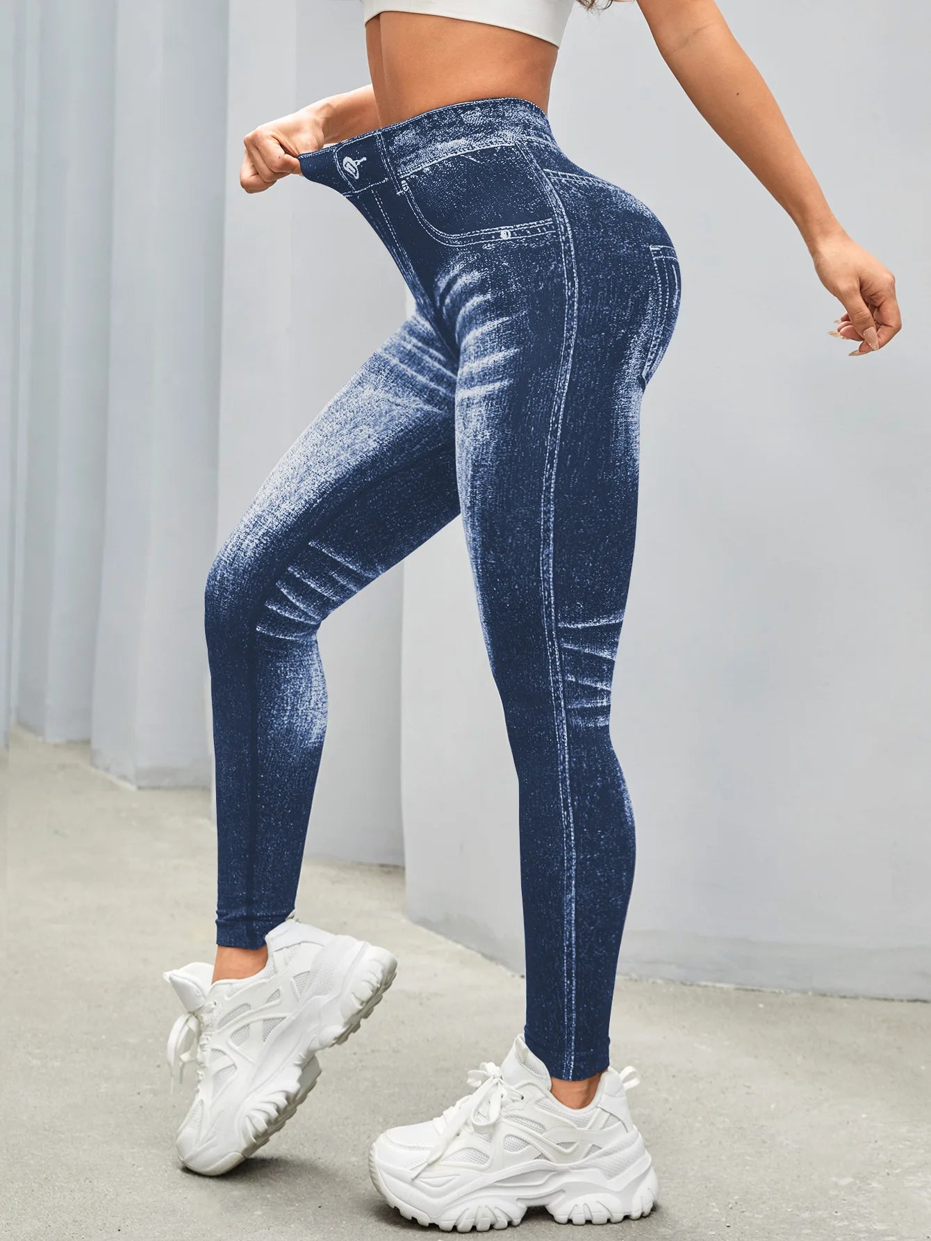 Women V Back Gym Leggings Faux Denim Jeans  Athletic Workout Leggins Elastic Seamless Training Yoga Pants Sports Fitness Tights