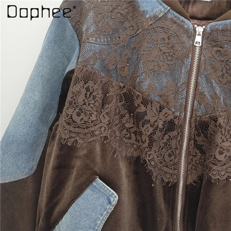 Spring New Fashion Stitched Lace Loose Velvet Denim Jacket Trendy Personality Street Casual Versatile Baseball Jackets Women