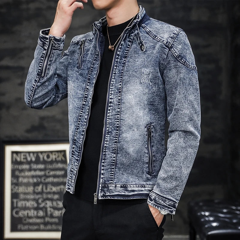Fashion Spring Casual Jacket Mens Velvet Streetwear Denim Jacket  Stand Collar Jean Jackets Male Slim Fit Coat Outerwear