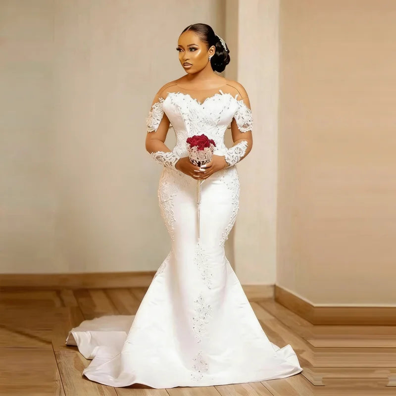 Customized 2026 African Style Brown Skin Wedding Dress Round Neck Satin Lace Beads Lace Up Style Mermaid Vestidos De Novia