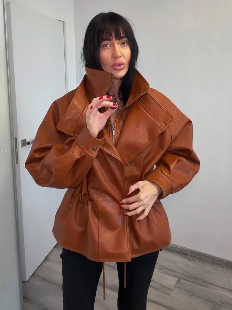 Fashion Solid Faux Leather Women's Jacket  Lapel Waist Cinching Loose Long Sleeves Coat Chic 2026 Spring Autumn New Street Wear