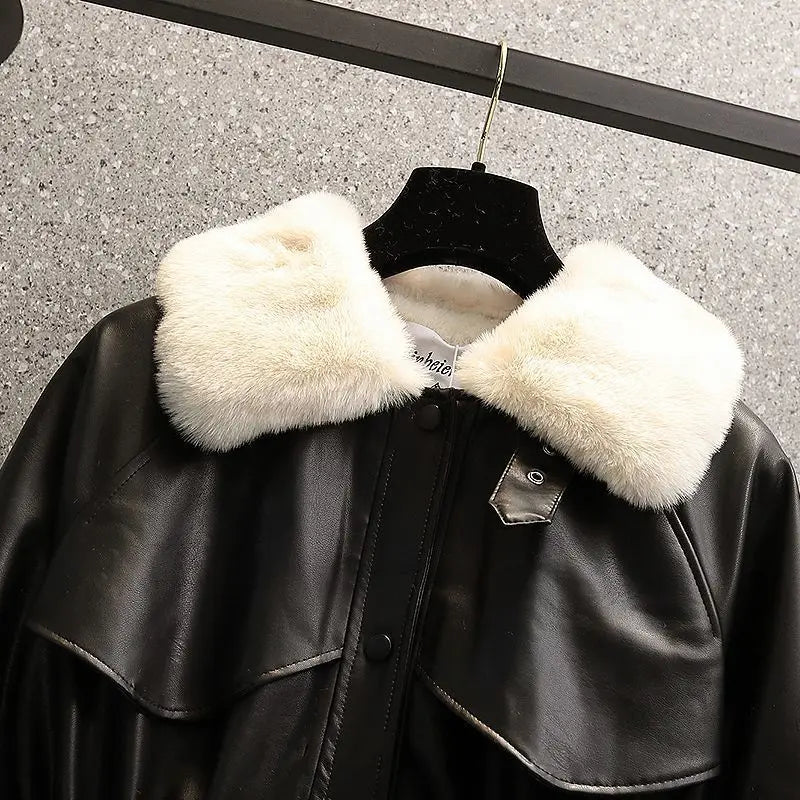 2026 Winter Age Reduction with Thick Velvet Loose Stand up Collar Motorcycle Wear PU Leather Jacket Long Sleeve Coat for Women