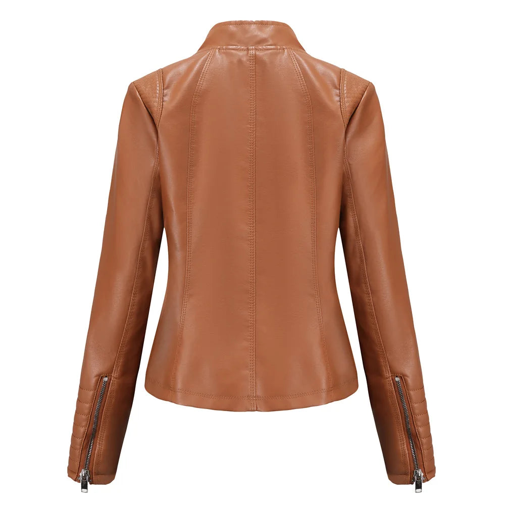 2026 Women's Bright Red V-neck Leather Jacket, Fashion Slim PU Coat, Black Short Outerwear Asia Size XS S M L XL XXL