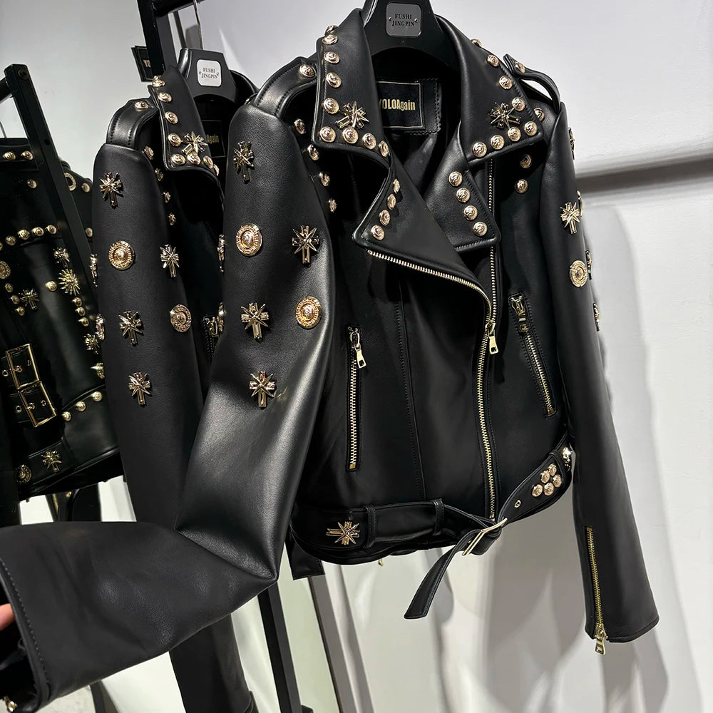 Women Stylish Gold Rivet Real Leather Jacket High Glossy Genuine Leather Asymmetrical Zip Biker Jacket