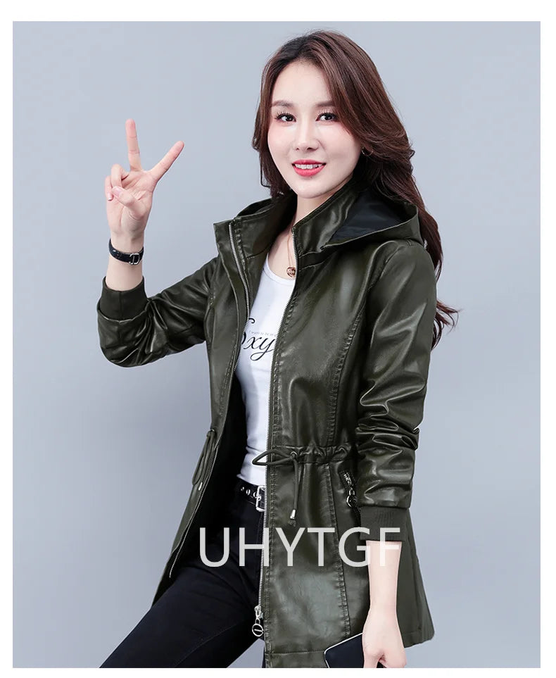 UHYTGF Fleece Winter Leather Female Quality Pu Leather Windbreaker Women Temperament Slim Warm 3XL Big Size Coat Deri Ceket 425