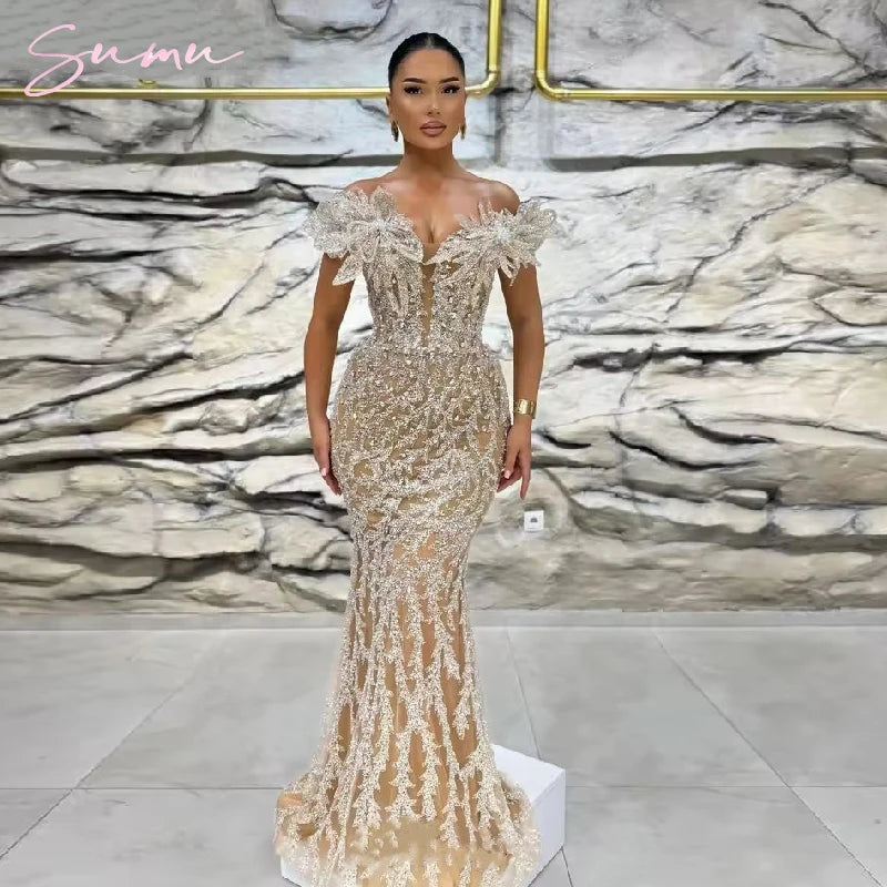 Special Wedding Party Dresses Two Pieces Vintage Evening Dresses With Detachable Train Off Shoulder  Mermaid Robes De Soirée