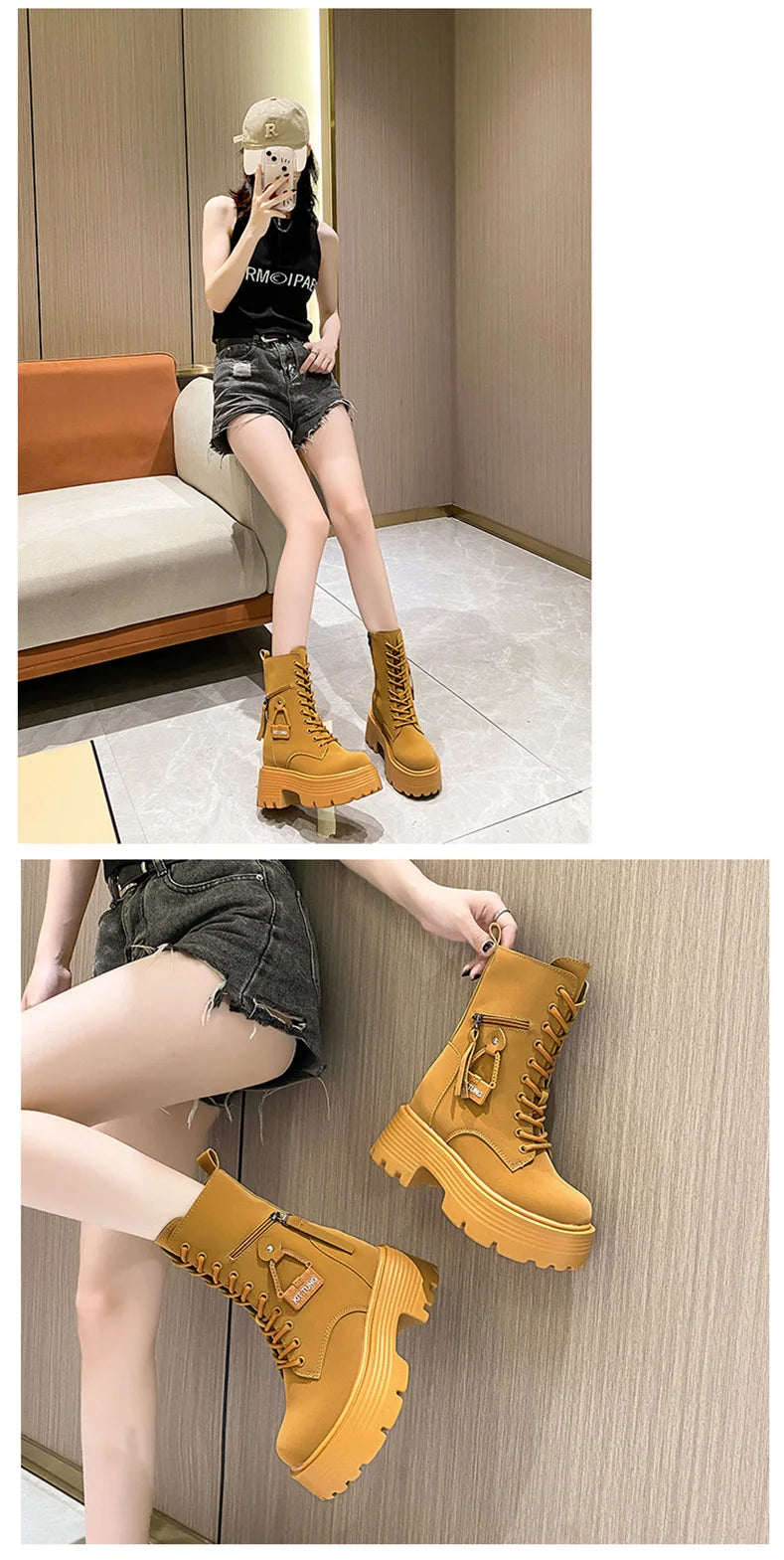 New 2023 Autumn Platform Mid-calf Boots  Women Thick Sole Winter Leather Punk Shoes Chunky Motorcycle Boots Woman